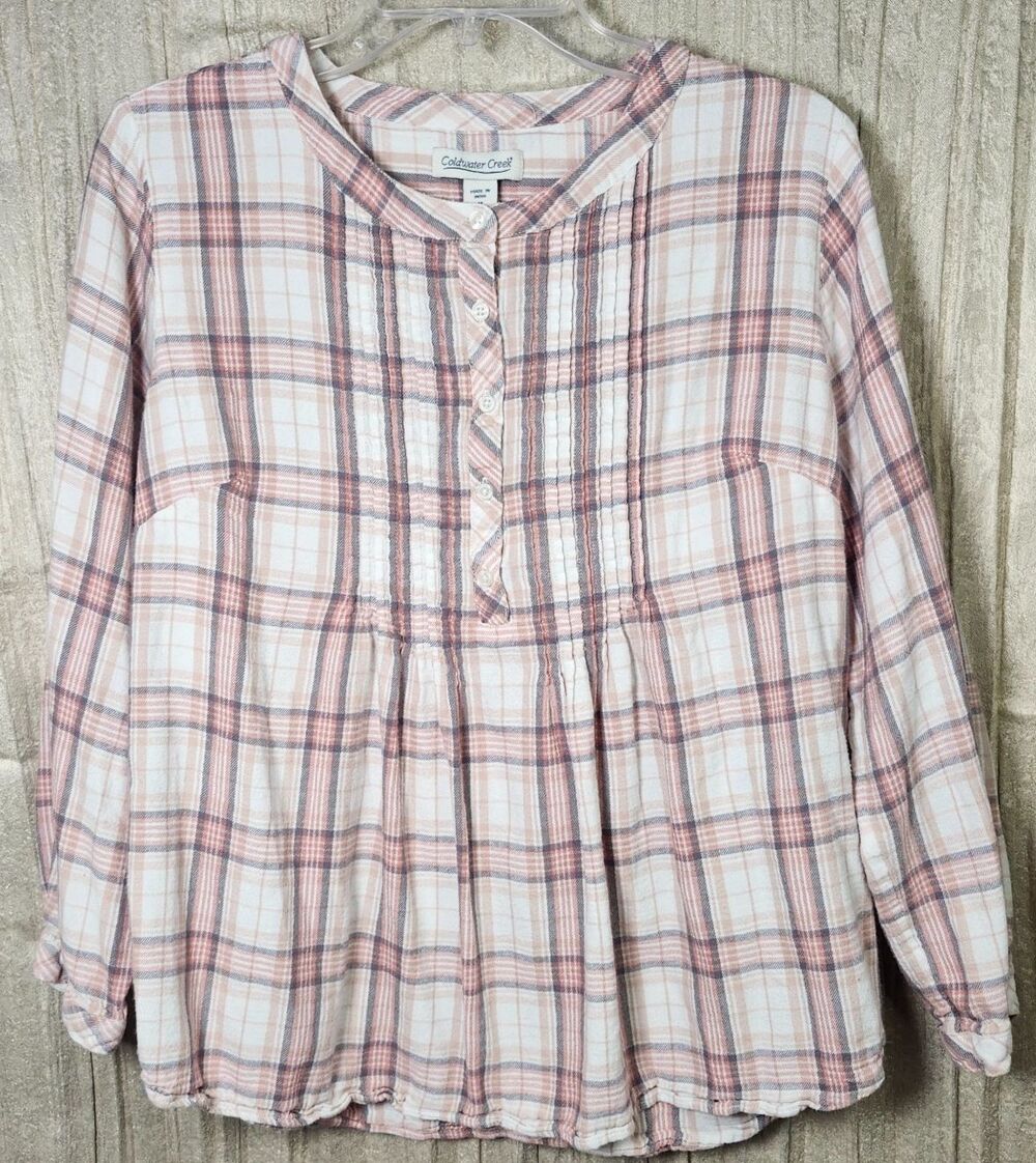 Coldwater Creek Pink Plaid Flannel Swing Top MED Long Slv Shirt Boho Cottagecore